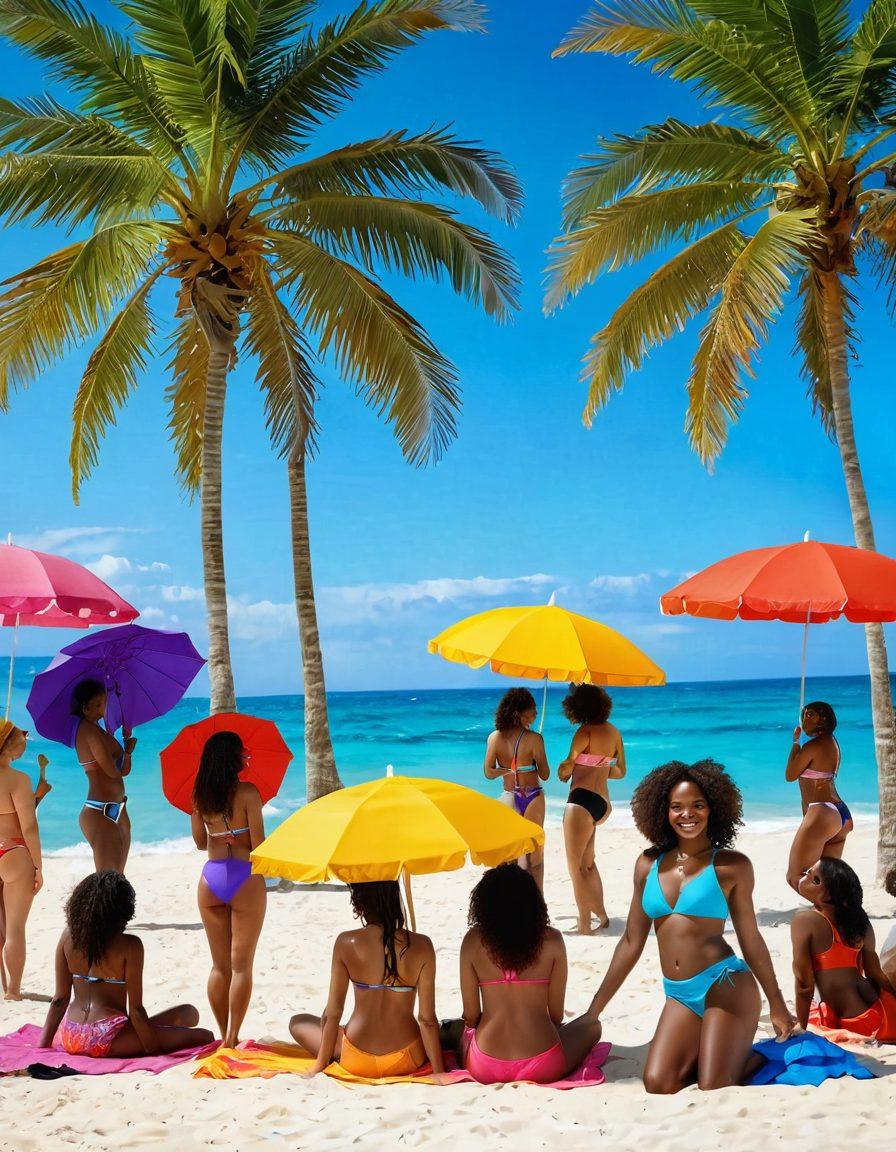 A vibrant summer beach scene featuring diverse women confidently wearing the latest thong and bikini styles, soaking up the sun on sandy shores. Include colorful beach umbrellas, tropical palm trees, and crystal-clear waves in the background. Capture the essence of empowerment and self-expression, with smiles and laughter radiating from the beachgoers. The atmosphere should evoke a sense of fun and freedom, appealing to summer vibes. super-realistic. vibrant colors. tropical theme.