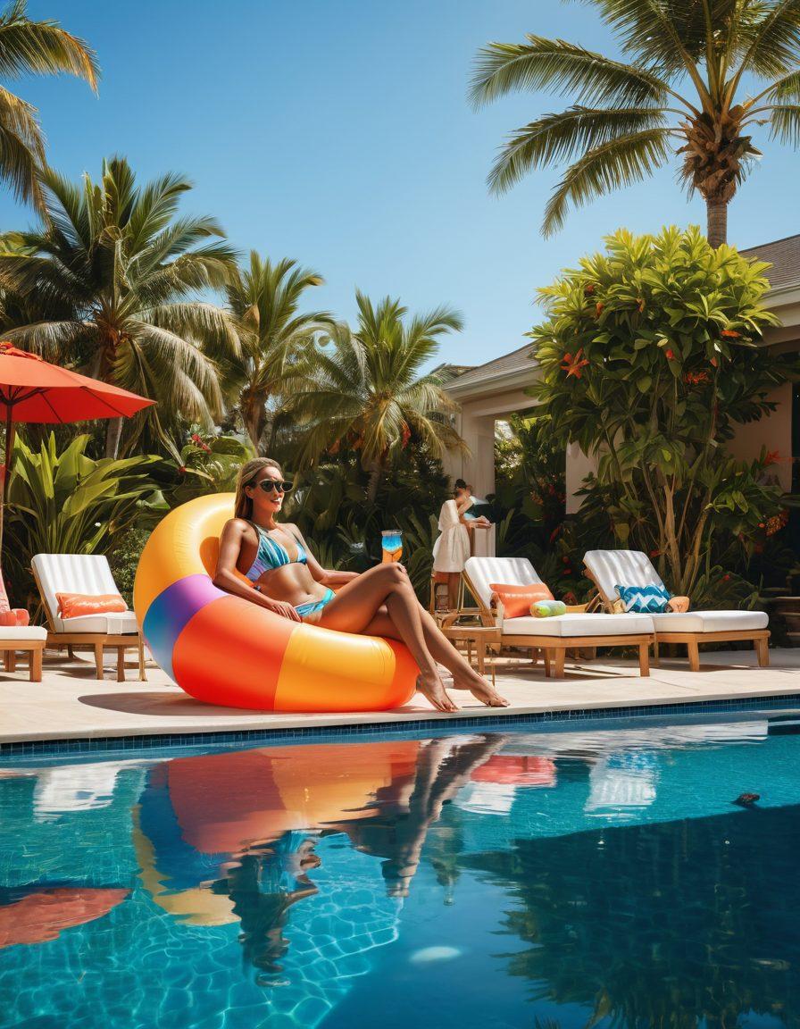 A sun-drenched poolside scene featuring diverse individuals showcasing vibrant swim attire, each reflecting unique styles and summer glow. Include colorful lounge chairs, tropical plants, and refreshing drinks to enhance the vibe. The background should have a sparkling blue pool under a clear sky. Highlight playful elements like beach balls and sunglasses, capturing the essence of summer fun. vibrant colors. super-realistic. bright sunny atmosphere.